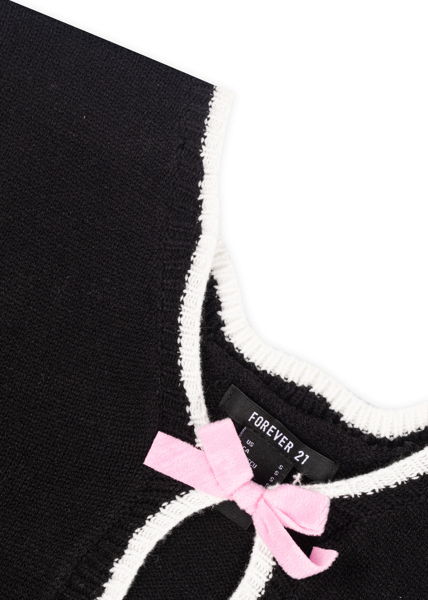 Velvet Bow Open-Front Knit Sweater