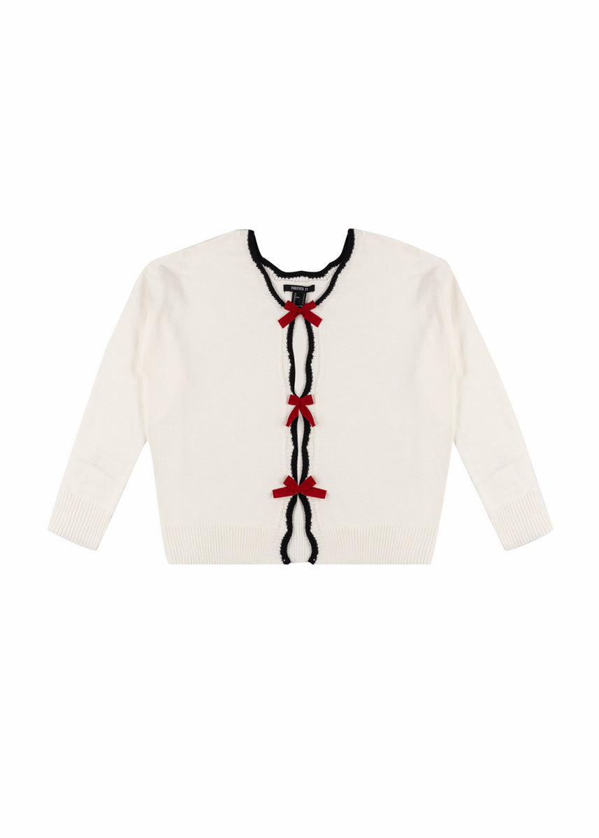 Velvet Bow Open-Front Knit Sweater