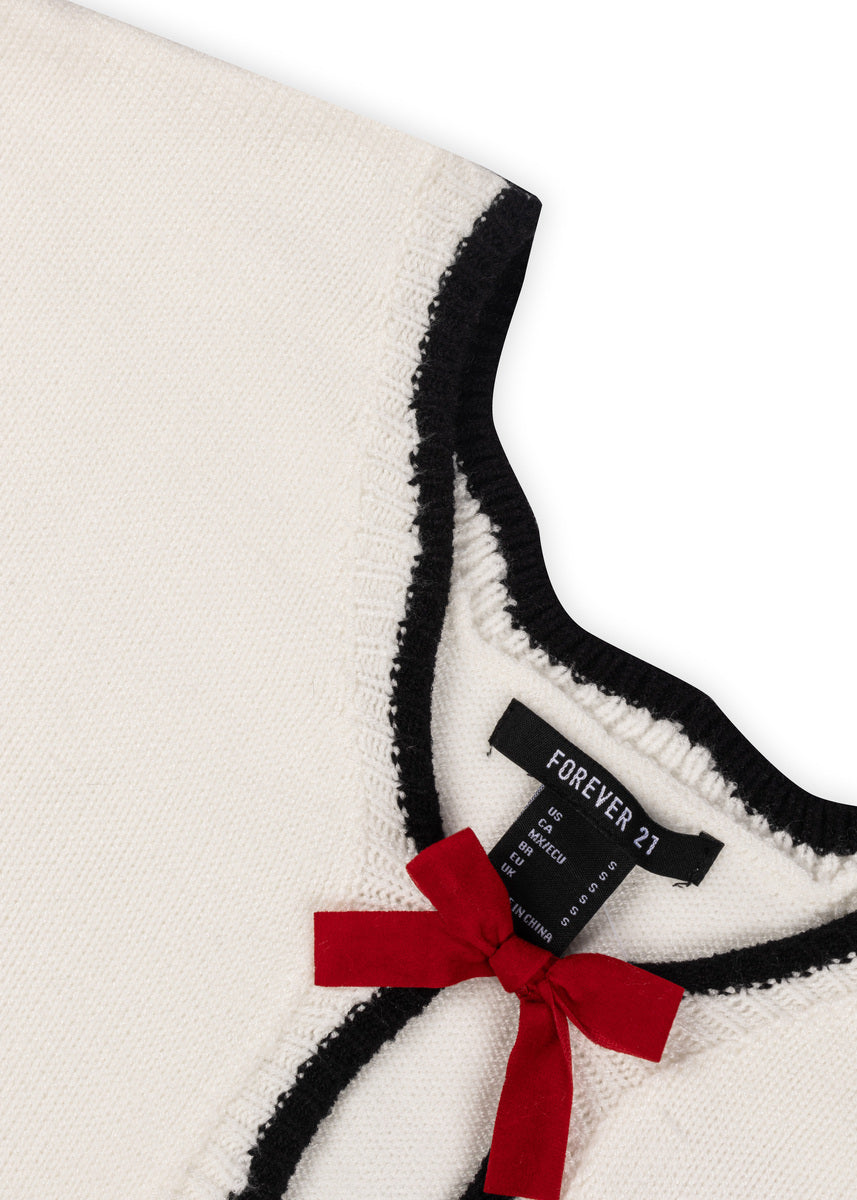 Velvet Bow Open-Front Knit Sweater