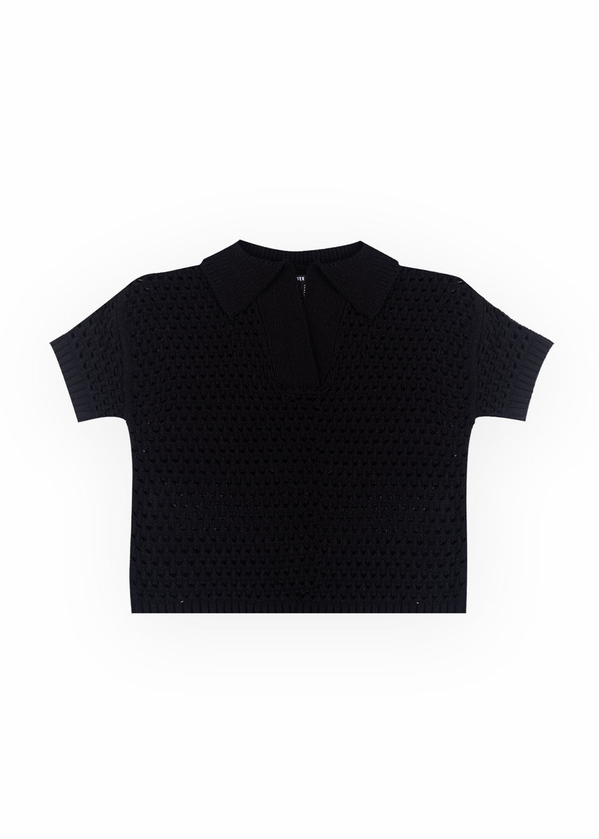 Short-Sleeve Crochet Collared Sweater Top