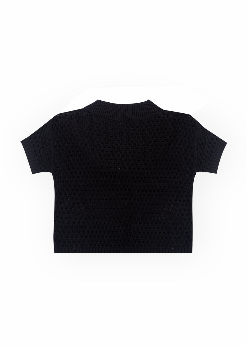 Short-Sleeve Crochet Collared Sweater Top