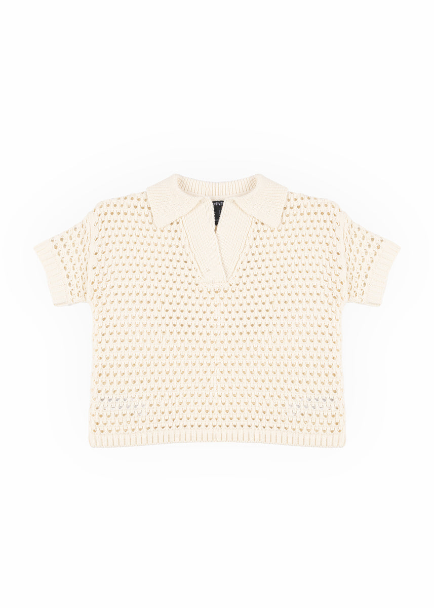 Short-Sleeve Crochet Collared Sweater Top