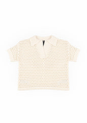 Short-Sleeve Crochet Collared Sweater Top