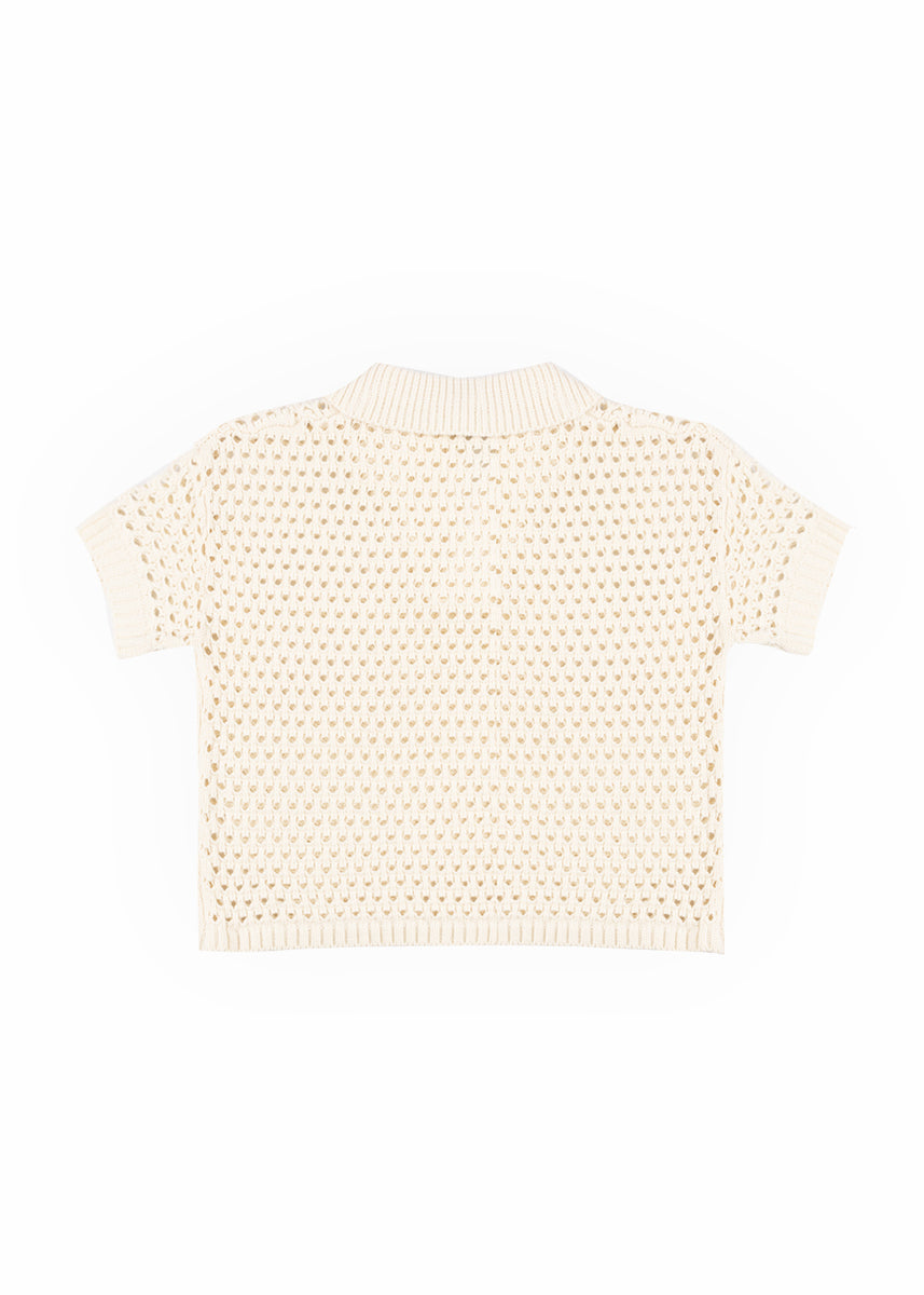 Short-Sleeve Crochet Collared Sweater Top