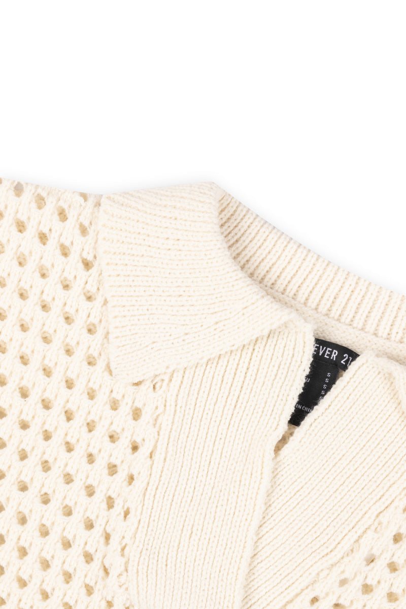 Short-Sleeve Crochet Collared Sweater Top