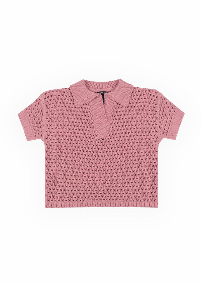 Short-Sleeve Crochet Collared Sweater Top
