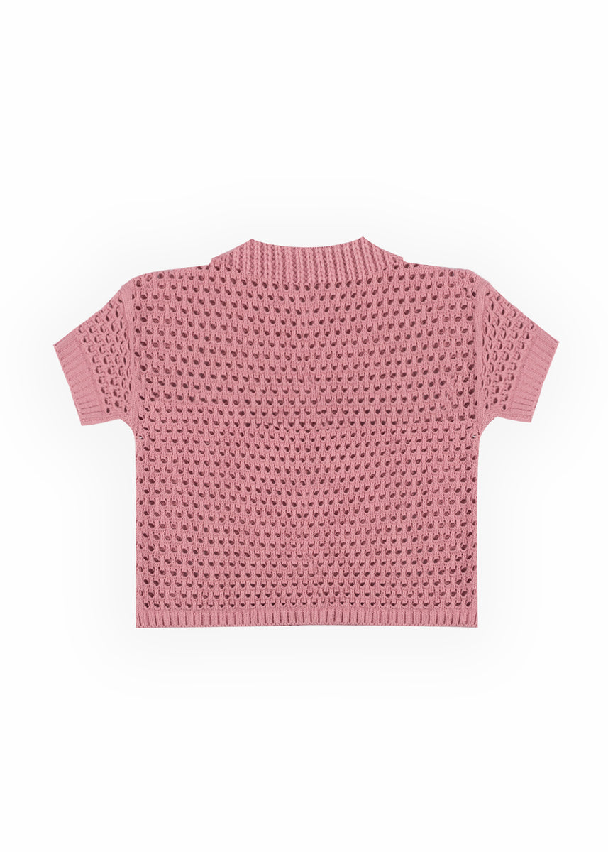 Short-Sleeve Crochet Collared Sweater Top