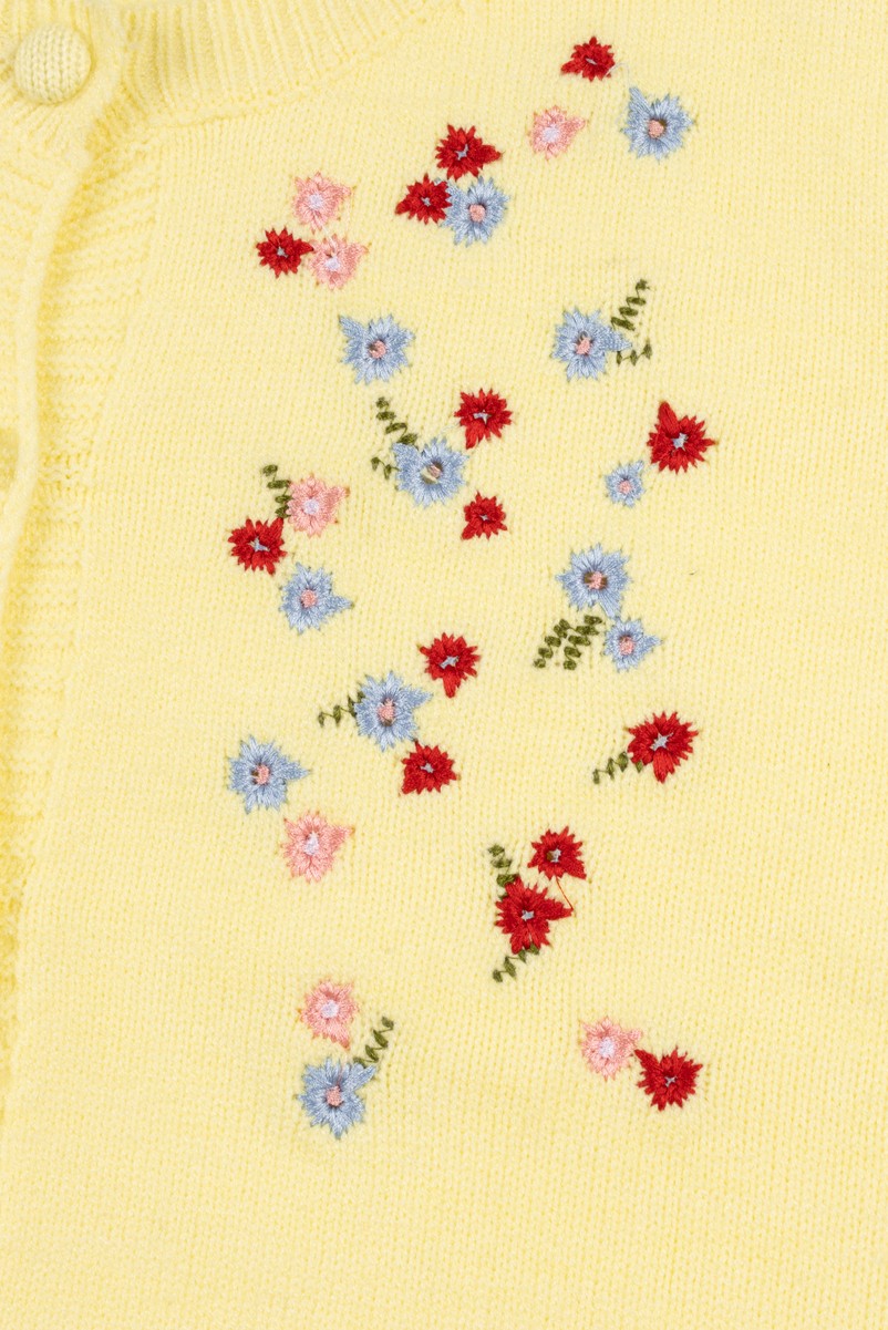 Floral Embroidered Puff-Sleeve Cardigan