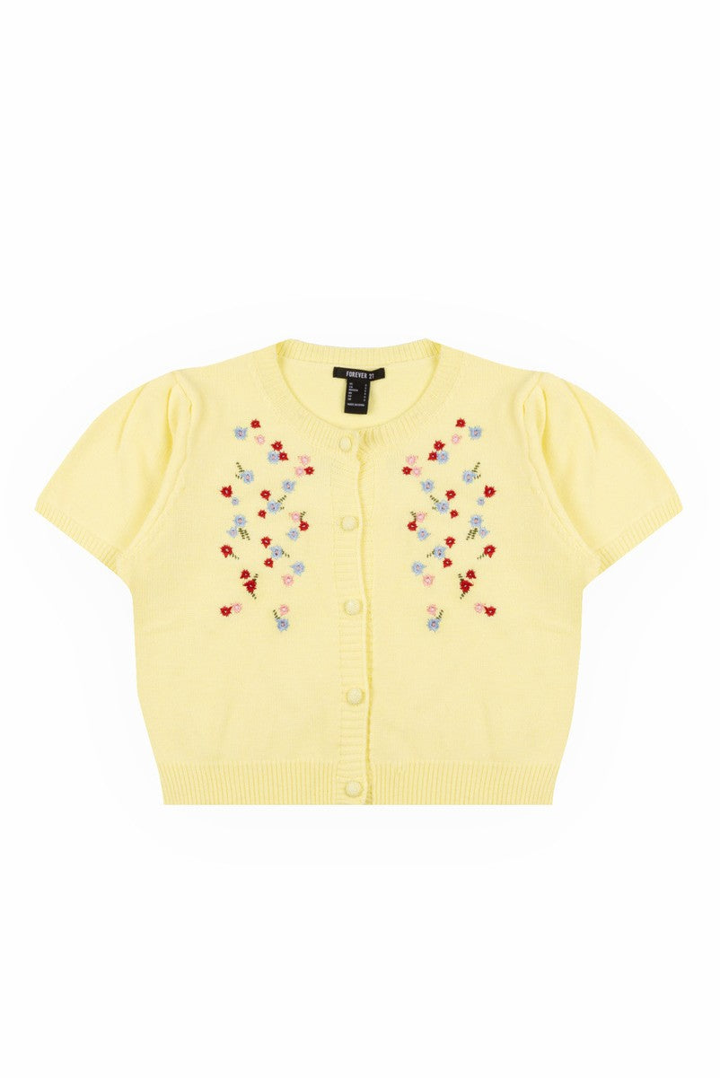 Floral Embroidered Puff-Sleeve Cardigan