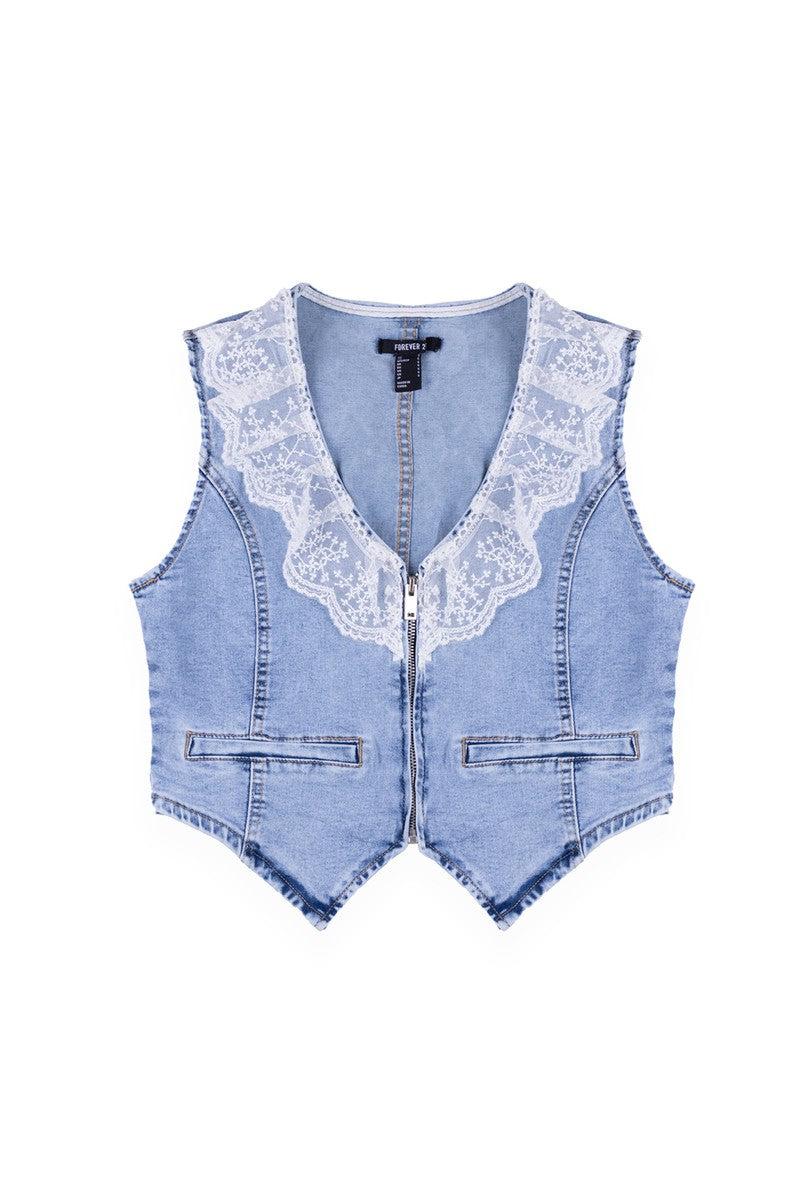 Lace Trim Zip Front Denim Vest