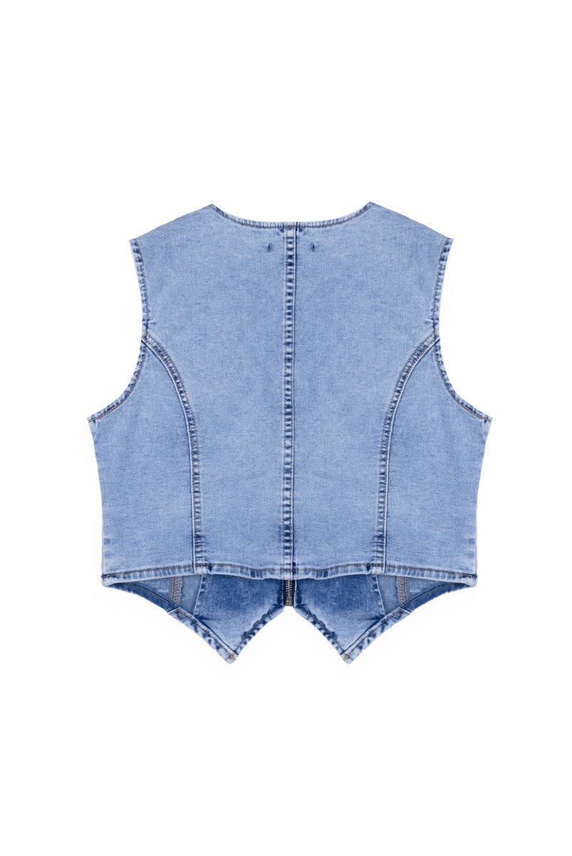 Lace Trim Zip Front Denim Vest