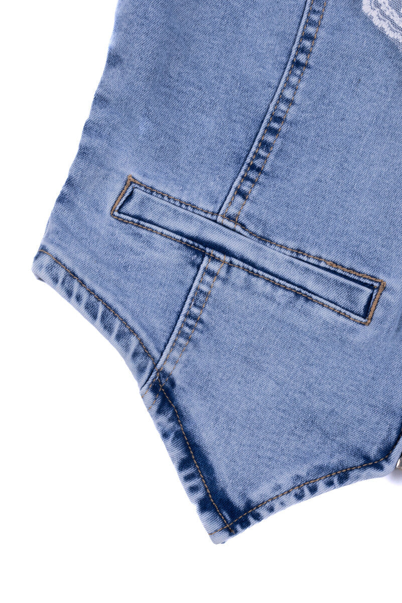 Lace Trim Zip Front Denim Vest
