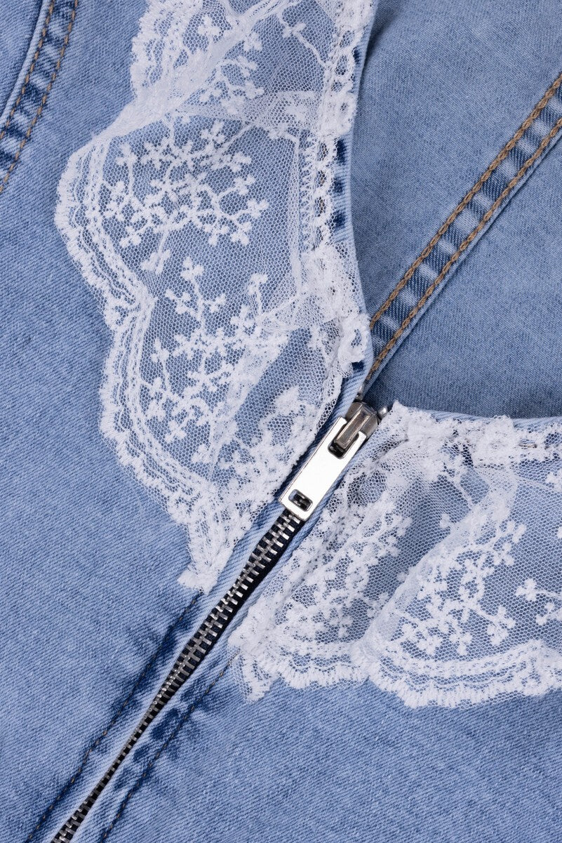 Lace Trim Zip Front Denim Vest