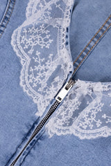 Lace Trim Zip Front Denim Vest
