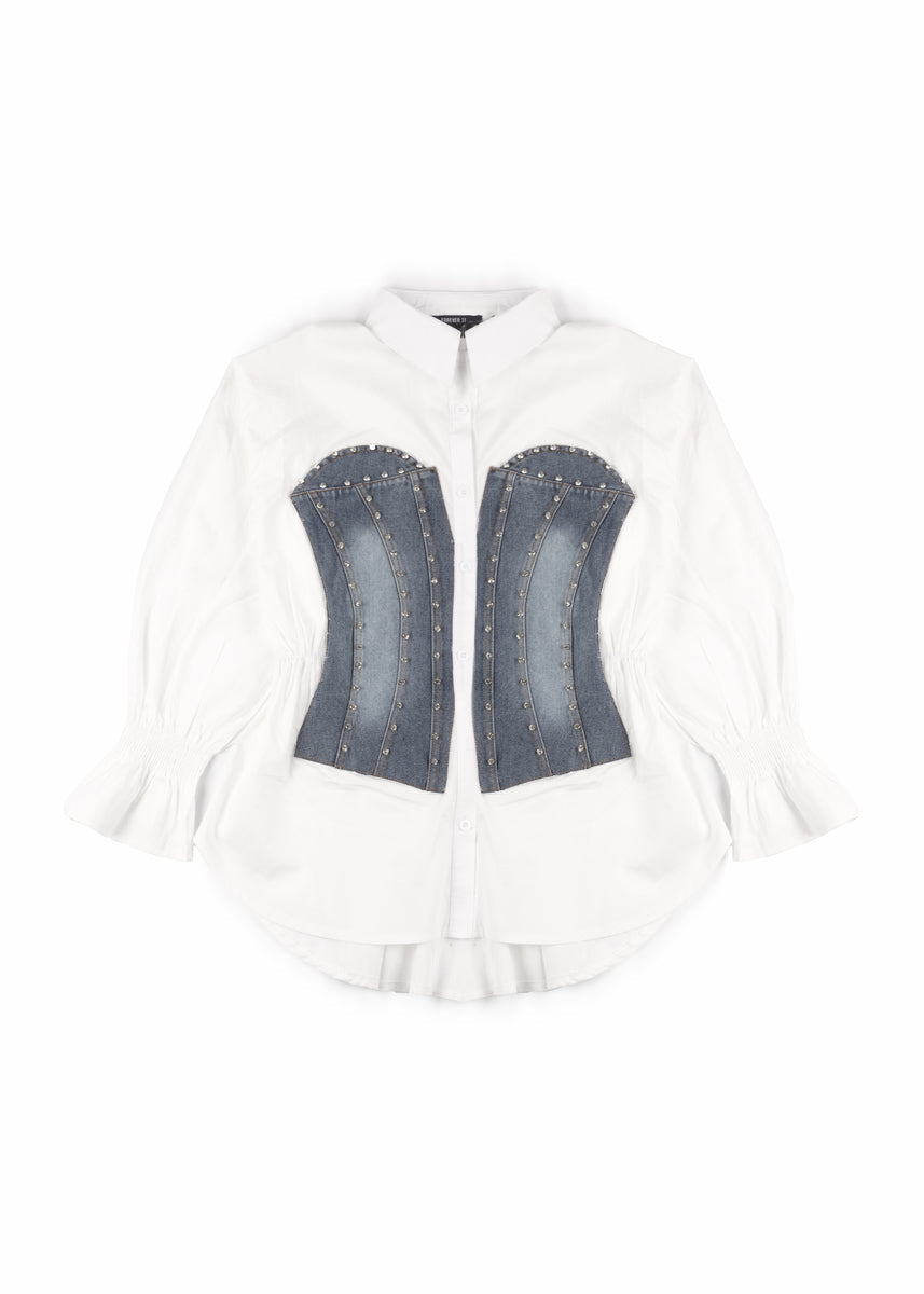 Poplin Faux Denim Corset Shirt