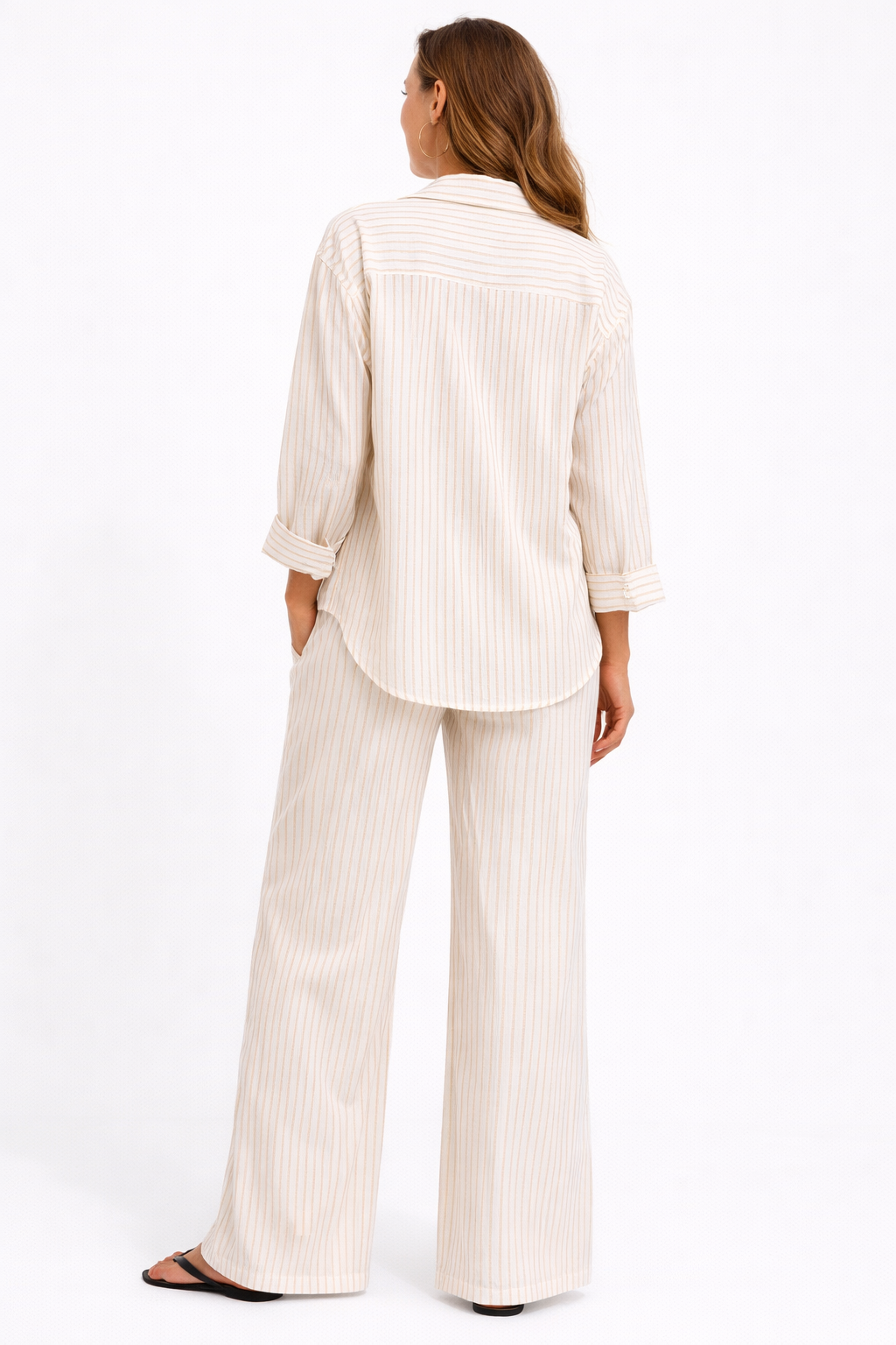 Striped Long Sleeve Shirt and Wide Leg Pants Set