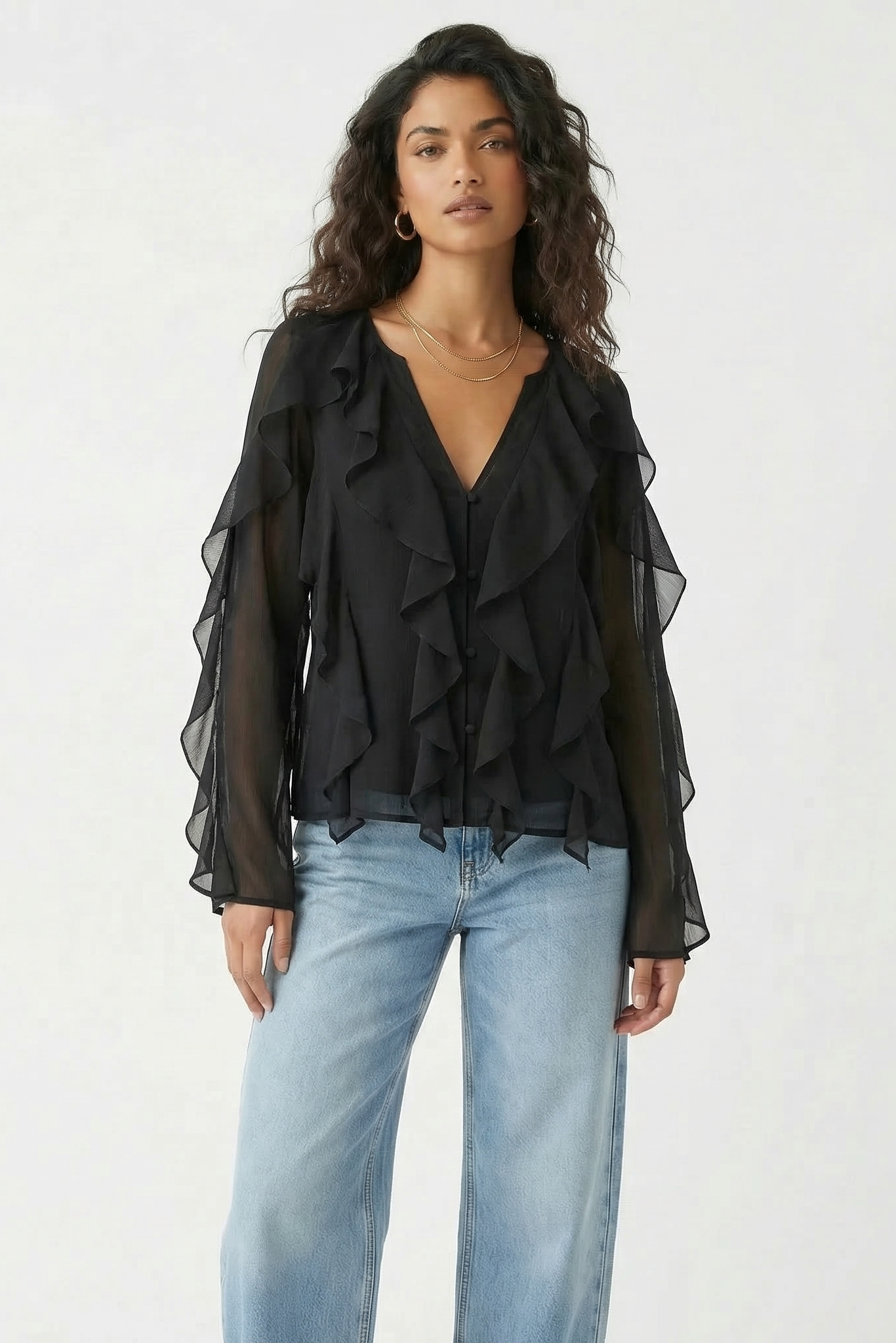 Chiffon Button Front Ruffle Detail Blouse