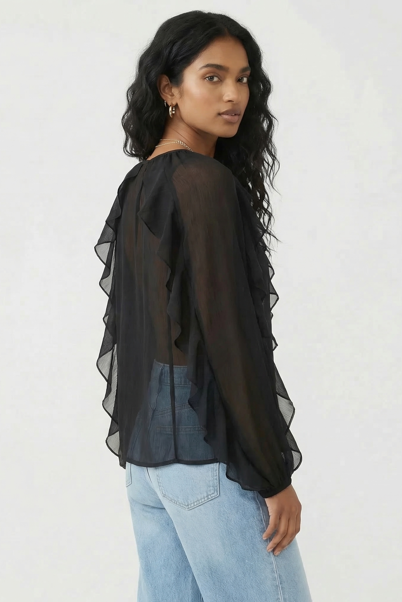 Chiffon Button Front Ruffle Detail Blouse