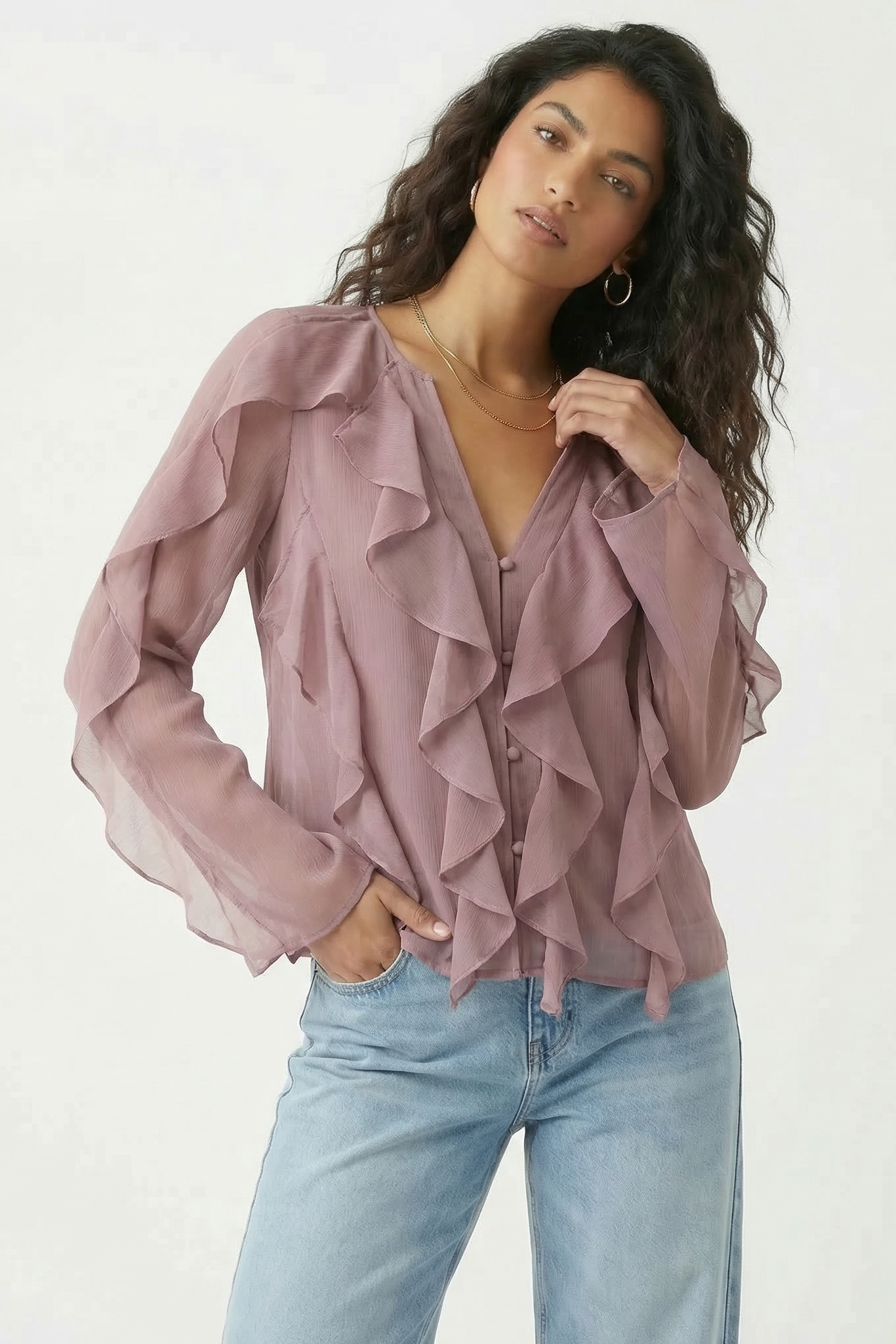 Chiffon Button Front Ruffle Detail Blouse