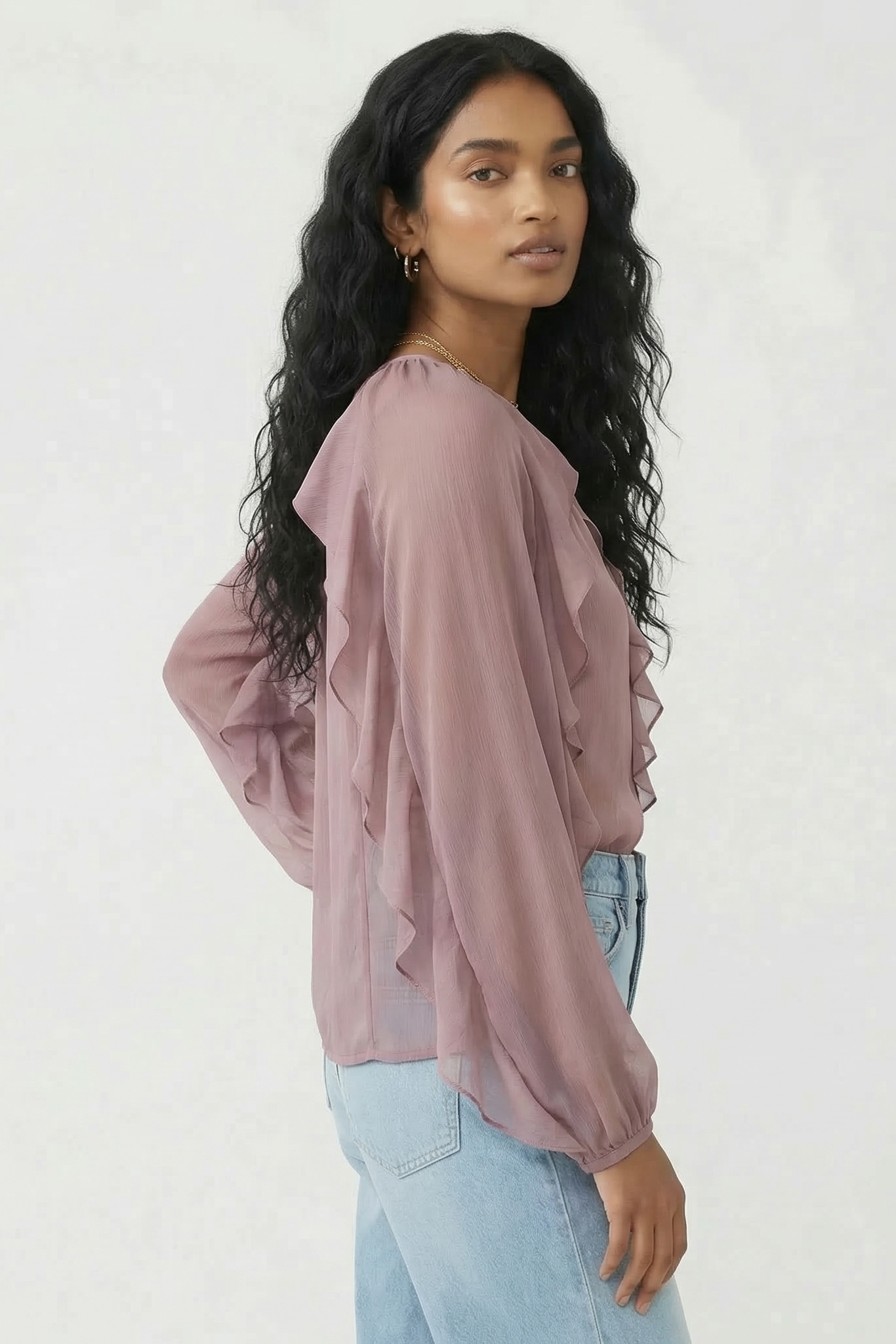 Chiffon Button Front Ruffle Detail Blouse