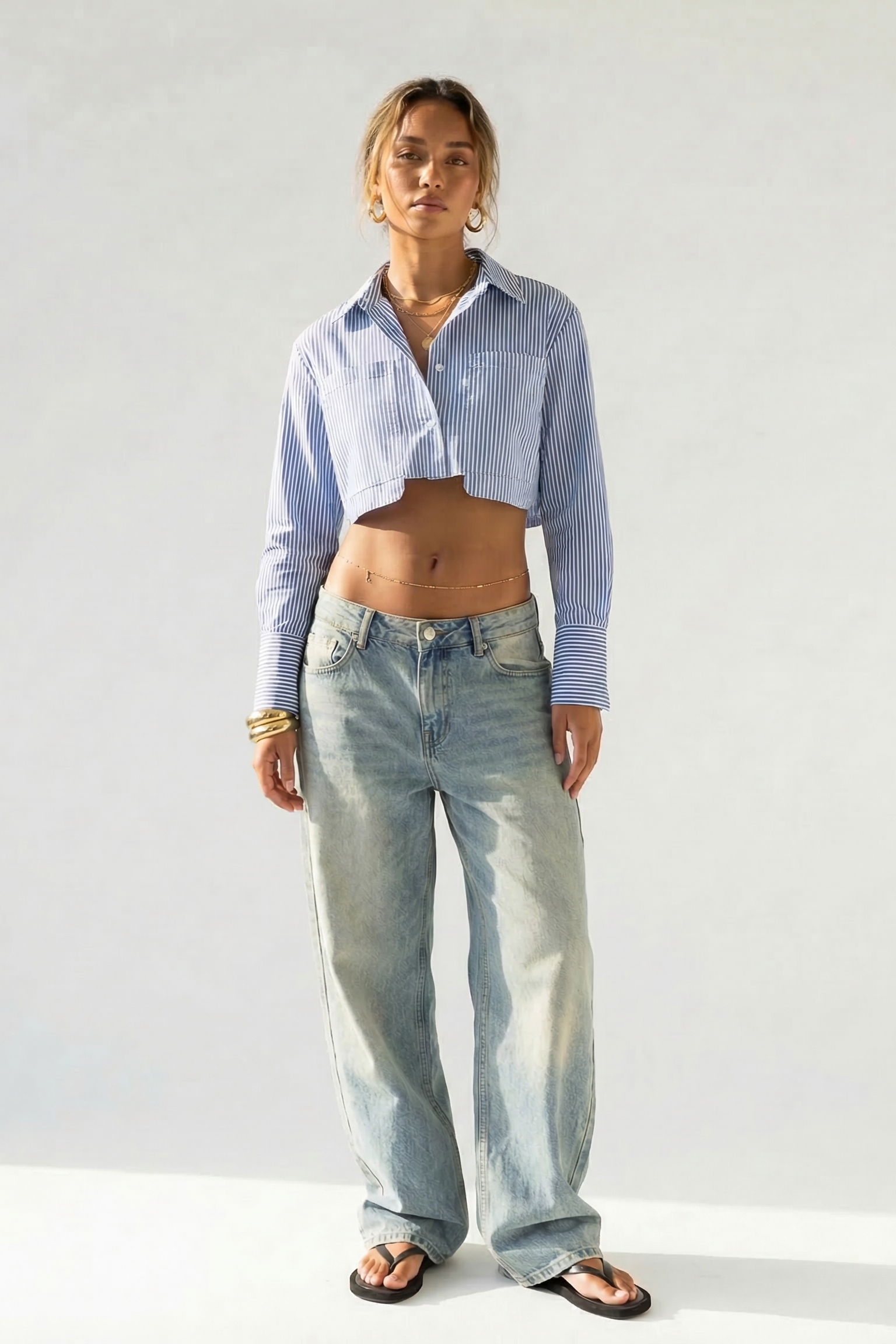 Striped Cropped Button Front Shirt