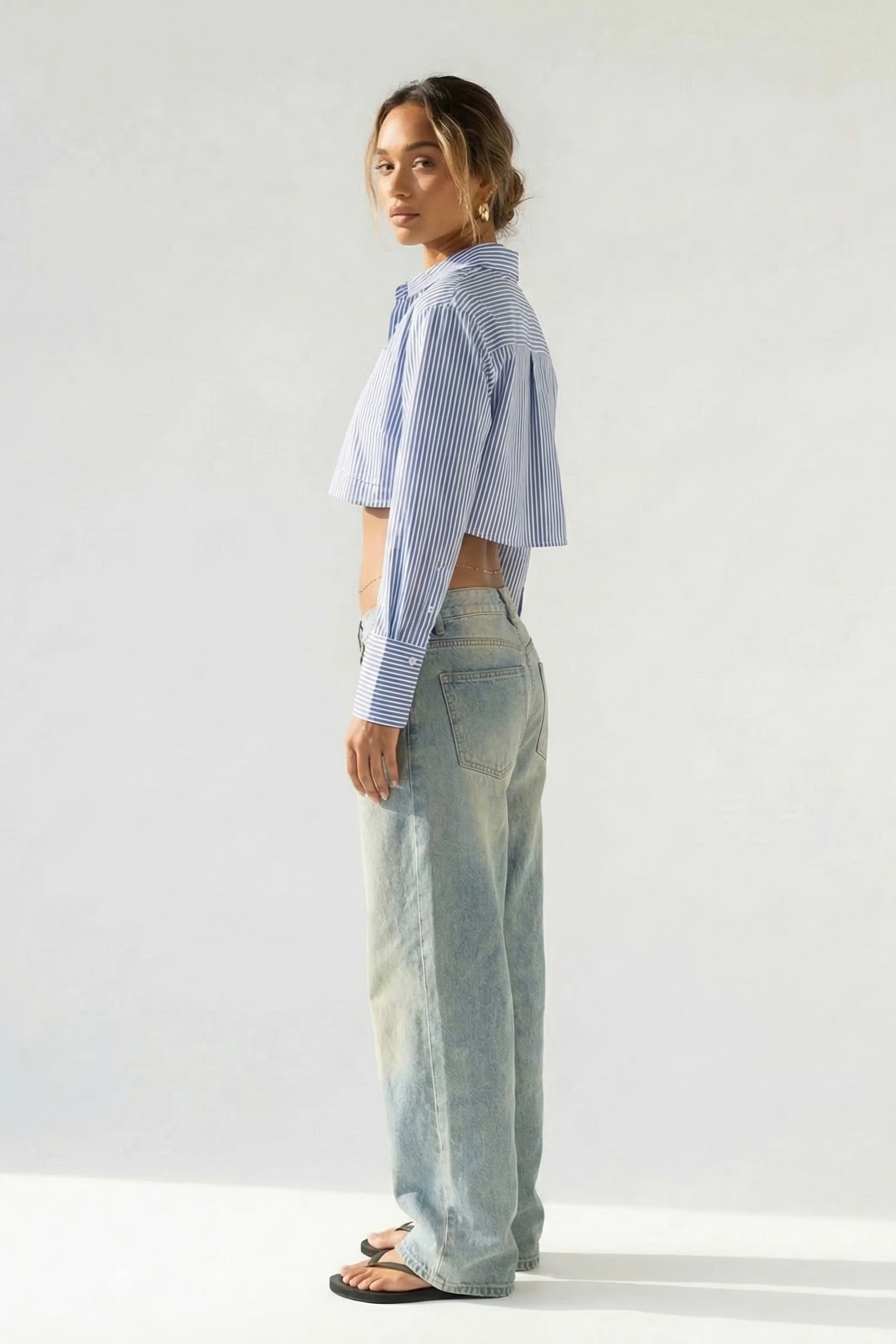 Striped Cropped Button Front Shirt