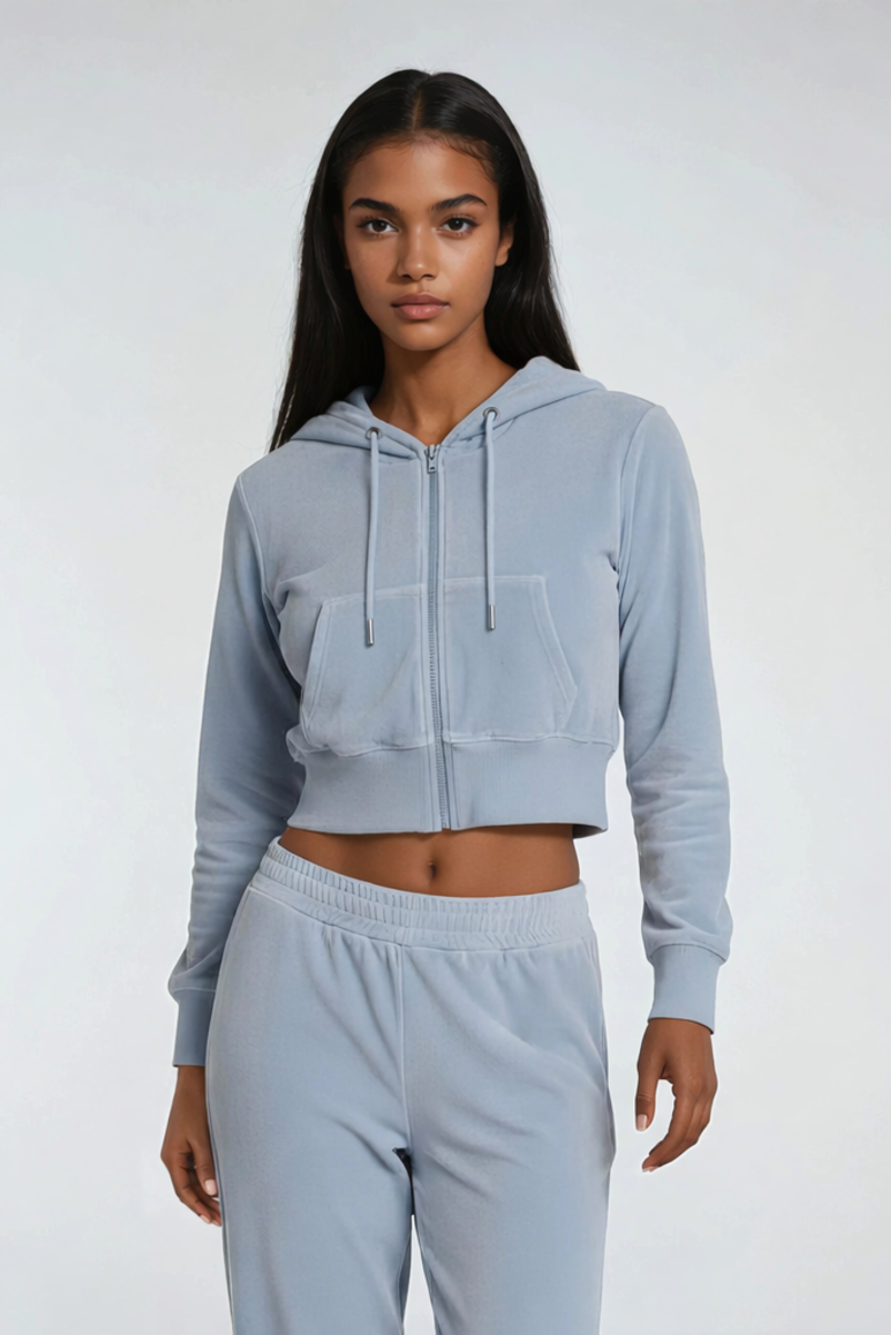 Velour Zip-Front Hoodie & Pant Set