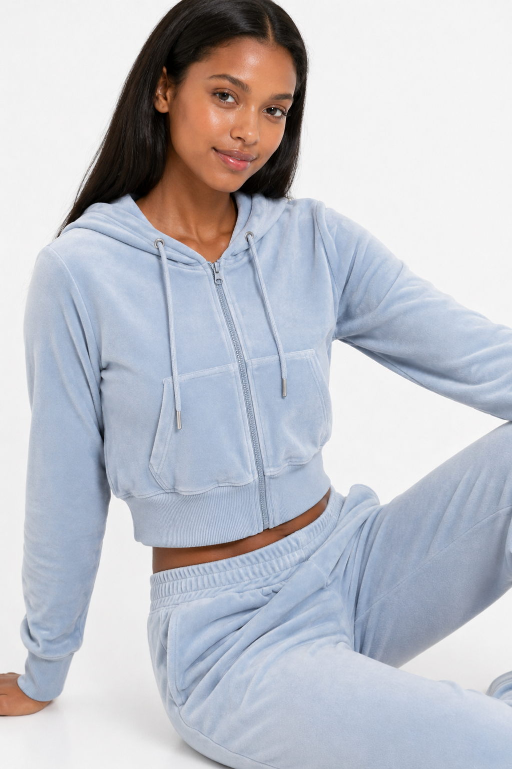 Velour Zip-Front Hoodie & Pant Set