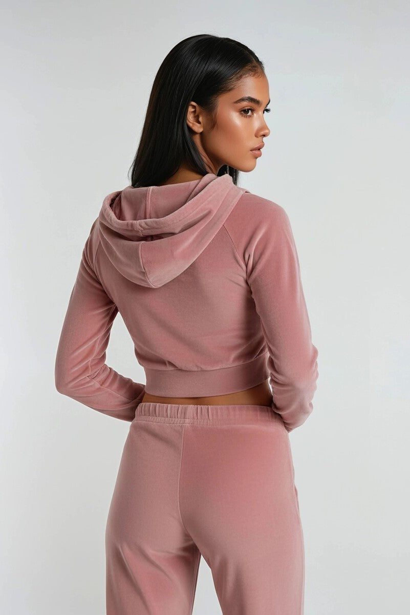Velour Zip-Front Hoodie & Pant Set