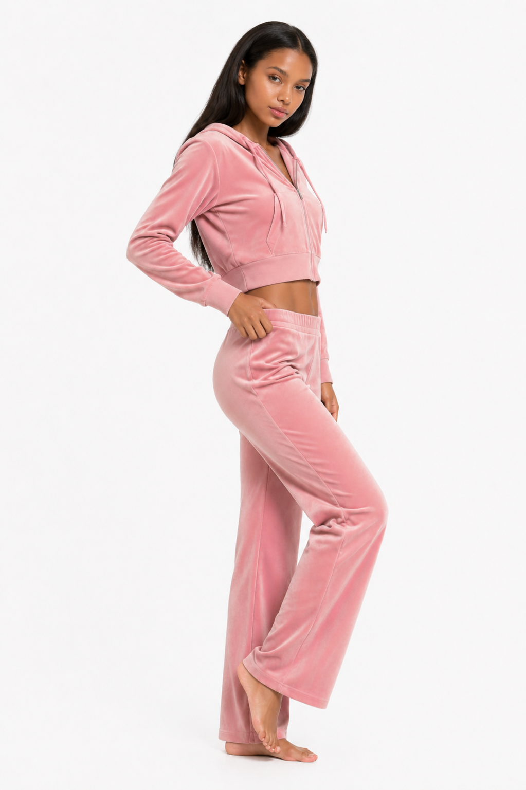 Velour Zip-Front Hoodie & Pant Set