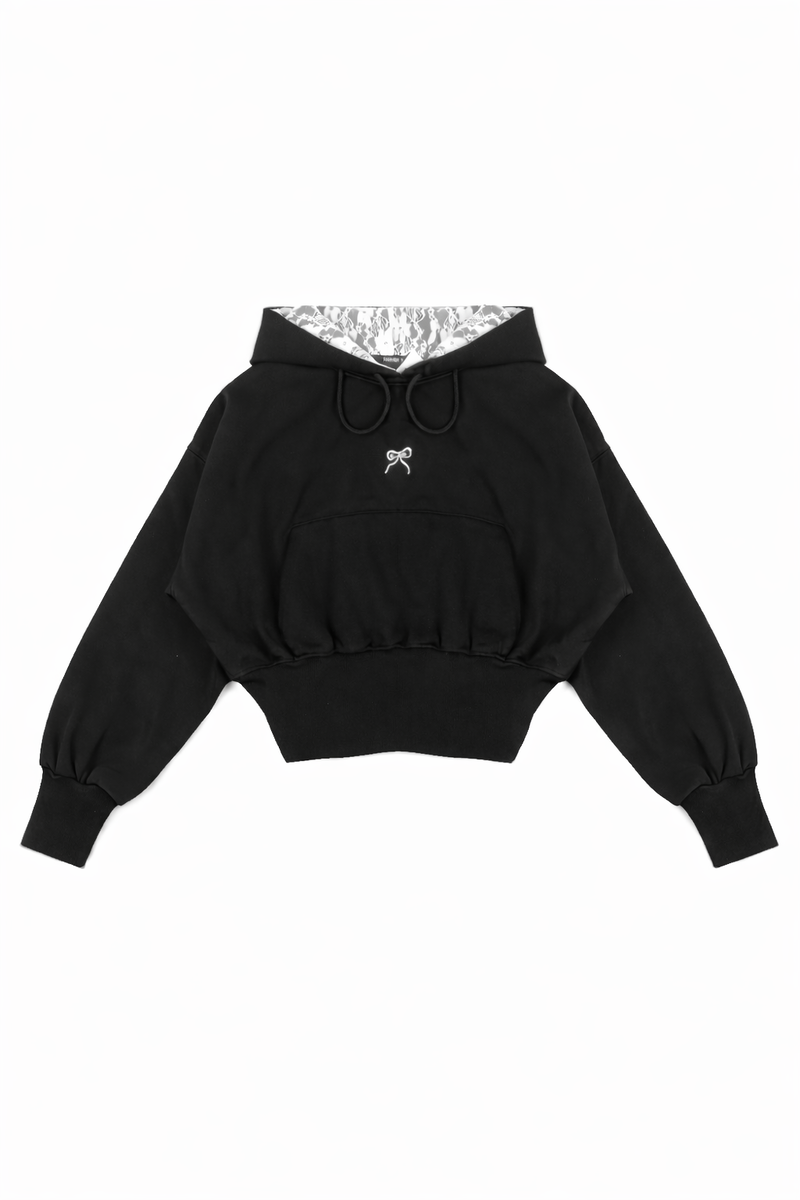 Cropped Lace-Lined Hood & Embroidered-Bow Hoodie