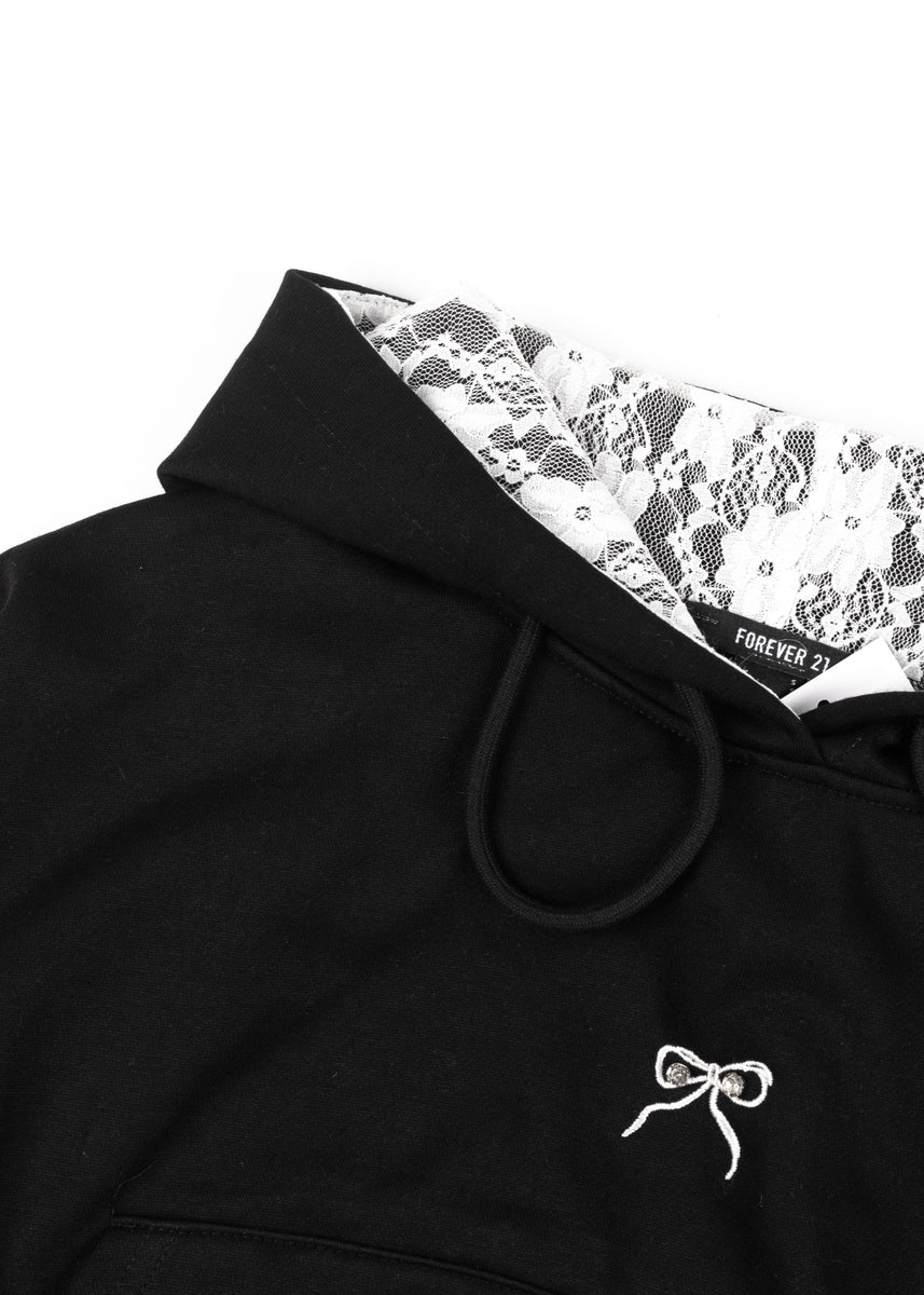 Cropped Lace-Lined Hood & Embroidered-Bow Hoodie