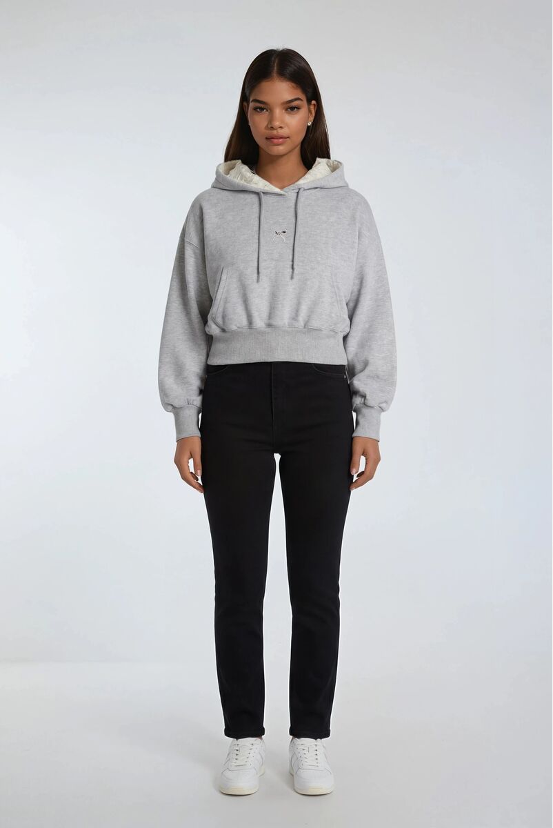 Cropped Lace-Lined Hood & Embroidered-Bow Hoodie