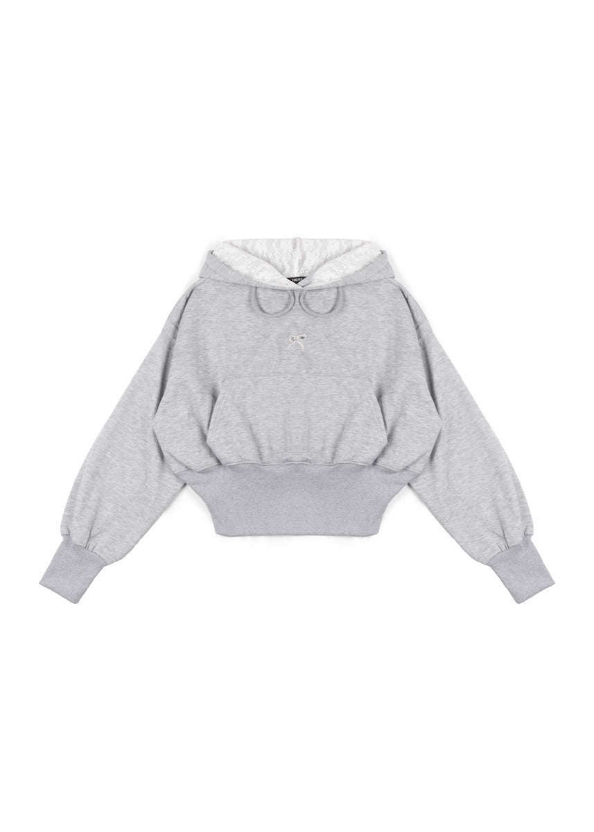 Cropped Lace-Lined Hood & Embroidered-Bow Hoodie