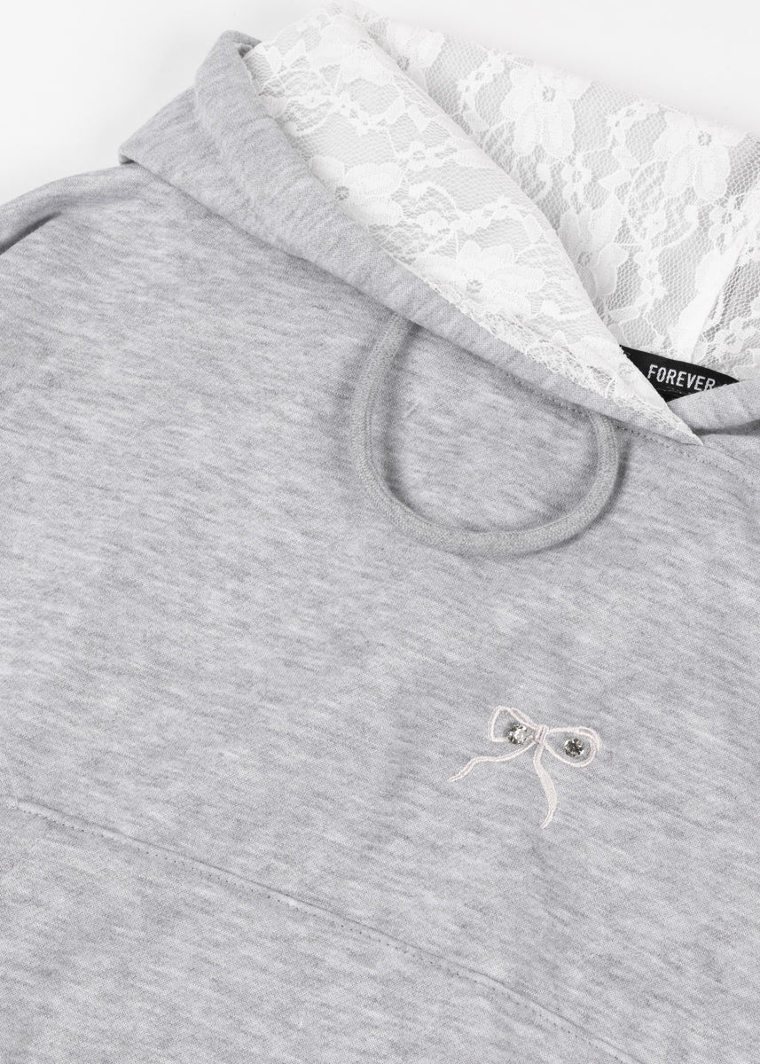 Cropped Lace-Lined Hood & Embroidered-Bow Hoodie