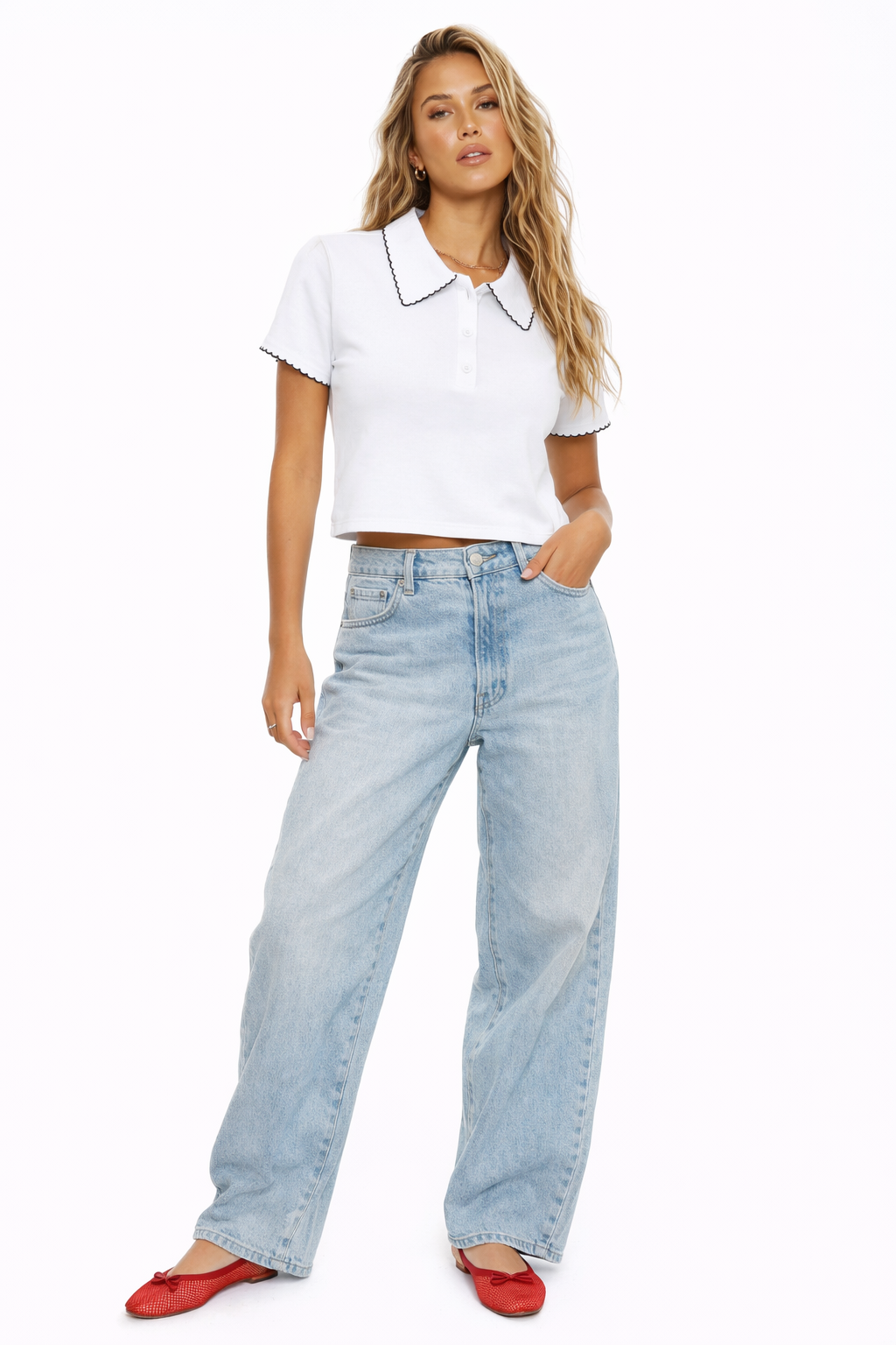 Scalloped Edge Short Sleeve Polo Shirt