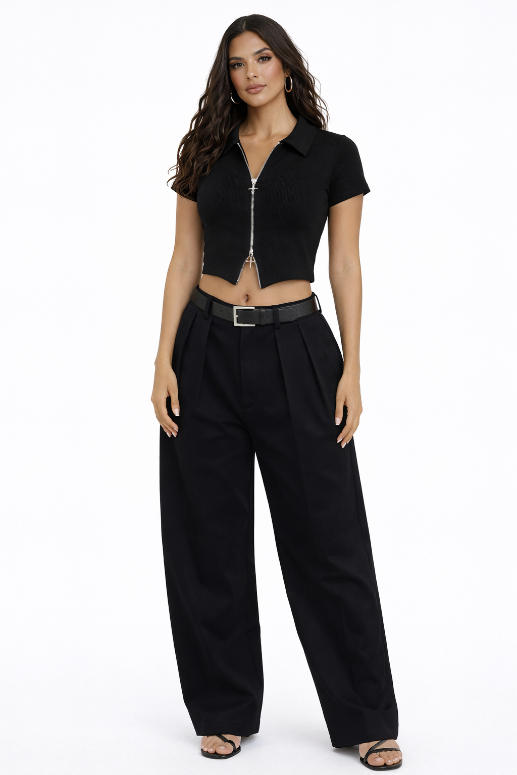 Double Zip Front Short Sleeve Collared Top