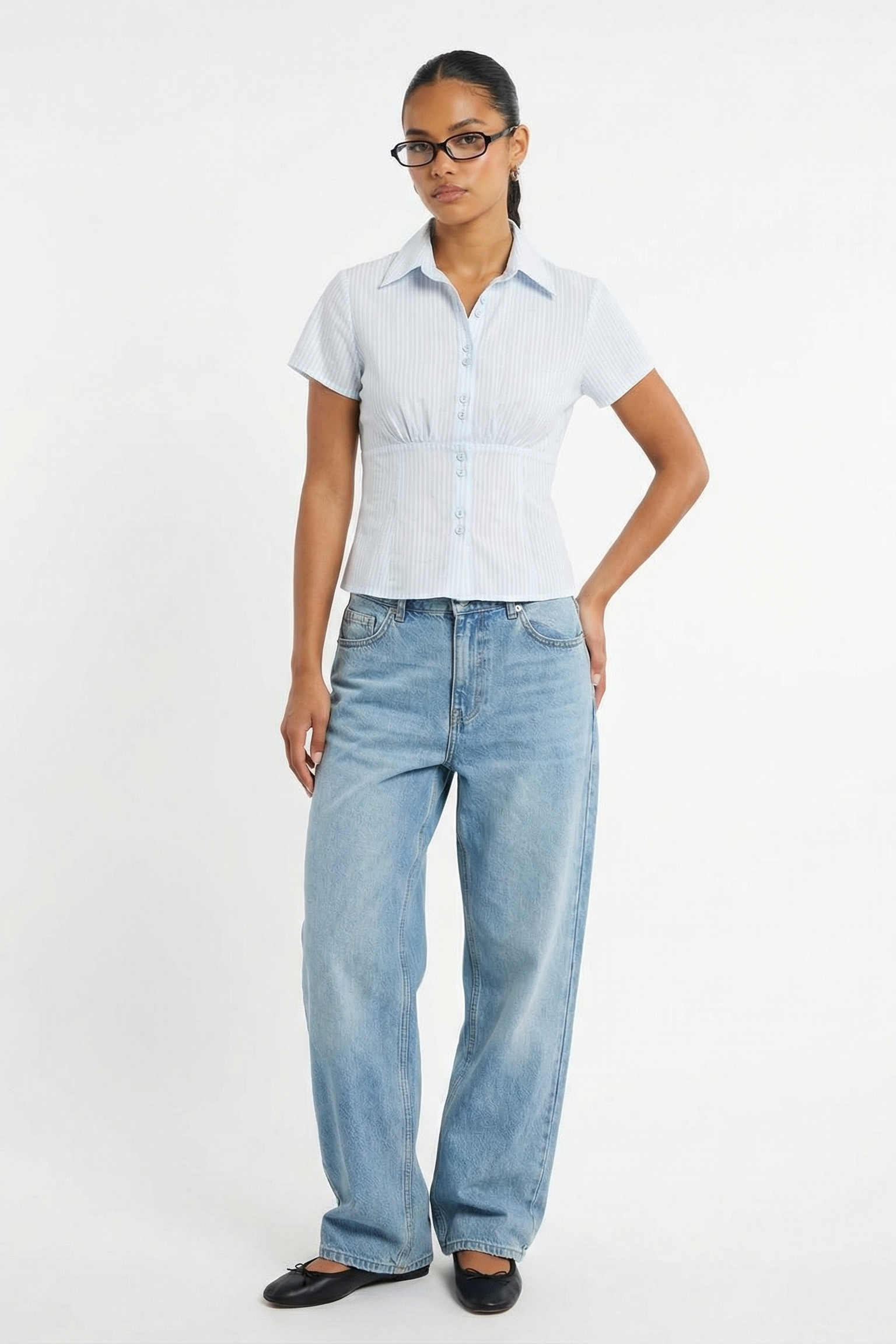 Fitted Short Sleeve Striped Blouse