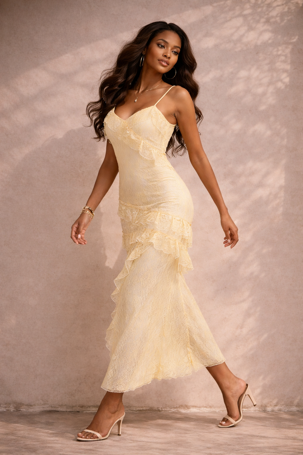 Printed Ruffled Lace Maxi Dress