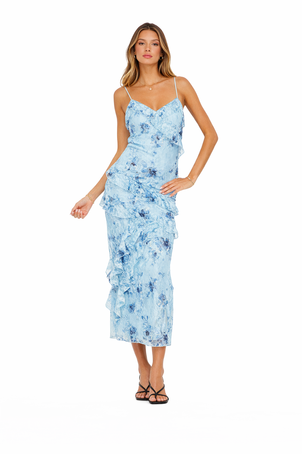 Printed Ruffled Lace Maxi Dress