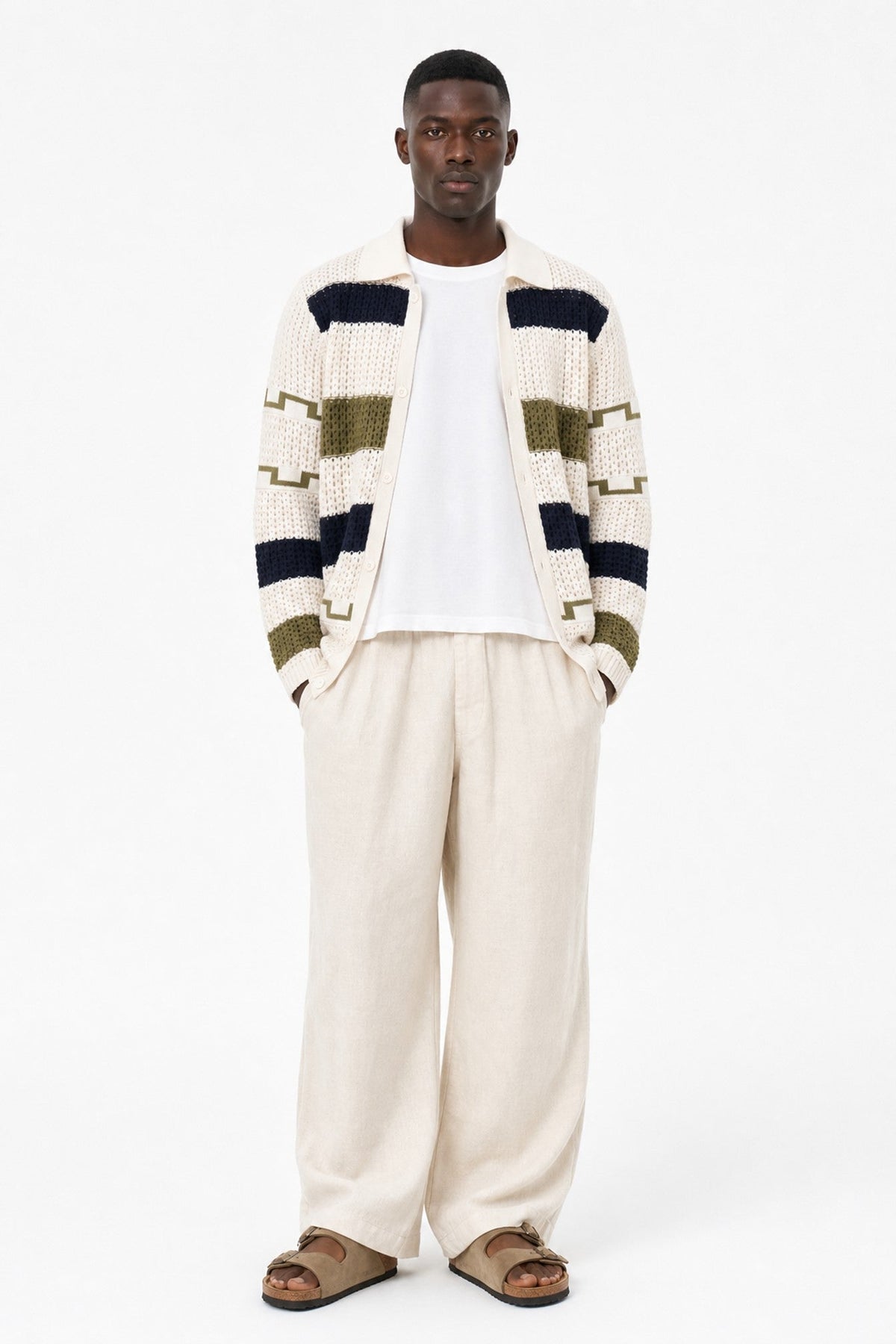 Crochet Stripe Button Front Cardigan