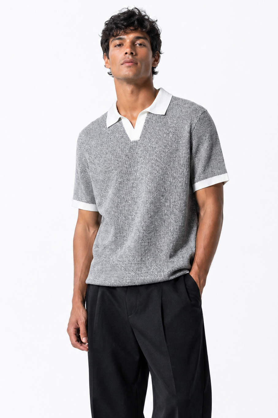 Contrast Hem Knit Collared Shirt