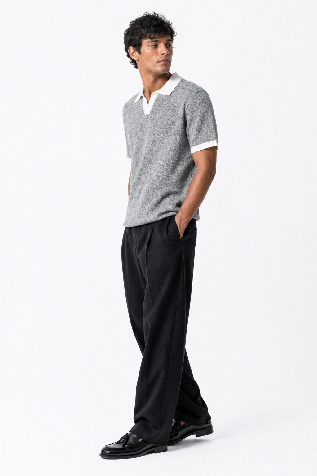 Contrast Hem Knit Collared Shirt