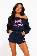Graphic Off The Shoulder Fleece Sweatshirt