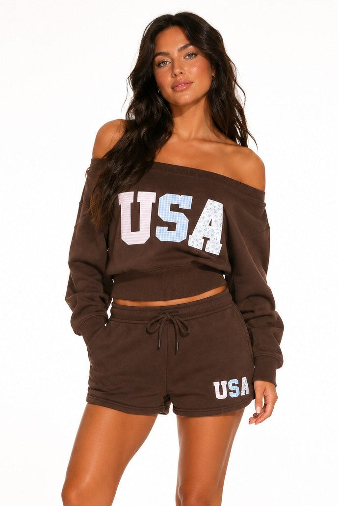 Graphic Off The Shoulder Fleece Sweatshirt