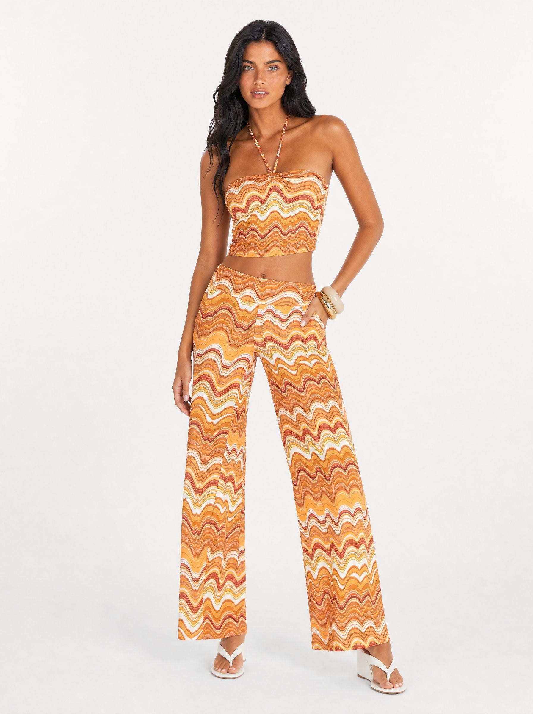 Chevron Halter Top and Wide-Leg Pant Set
