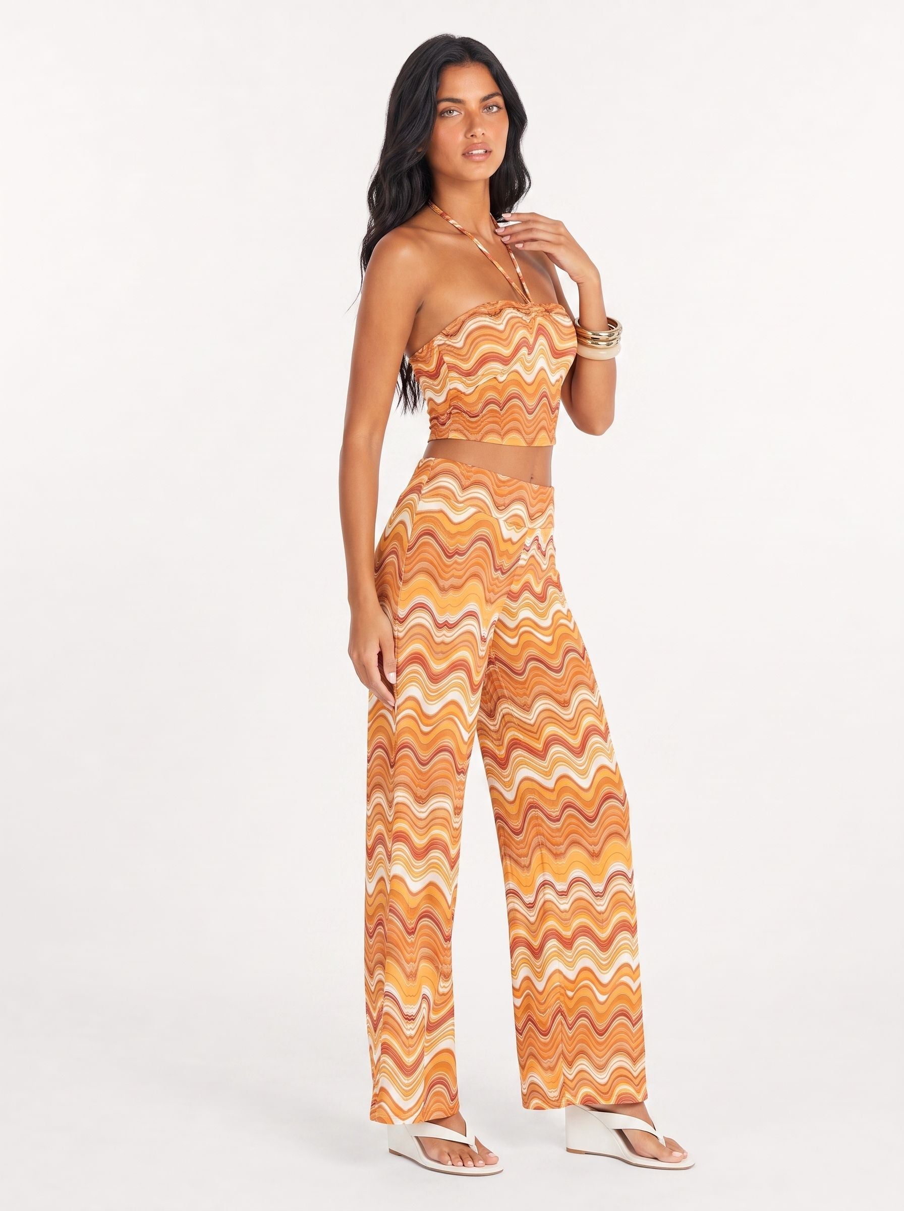 Chevron Halter Top and Wide-Leg Pant Set