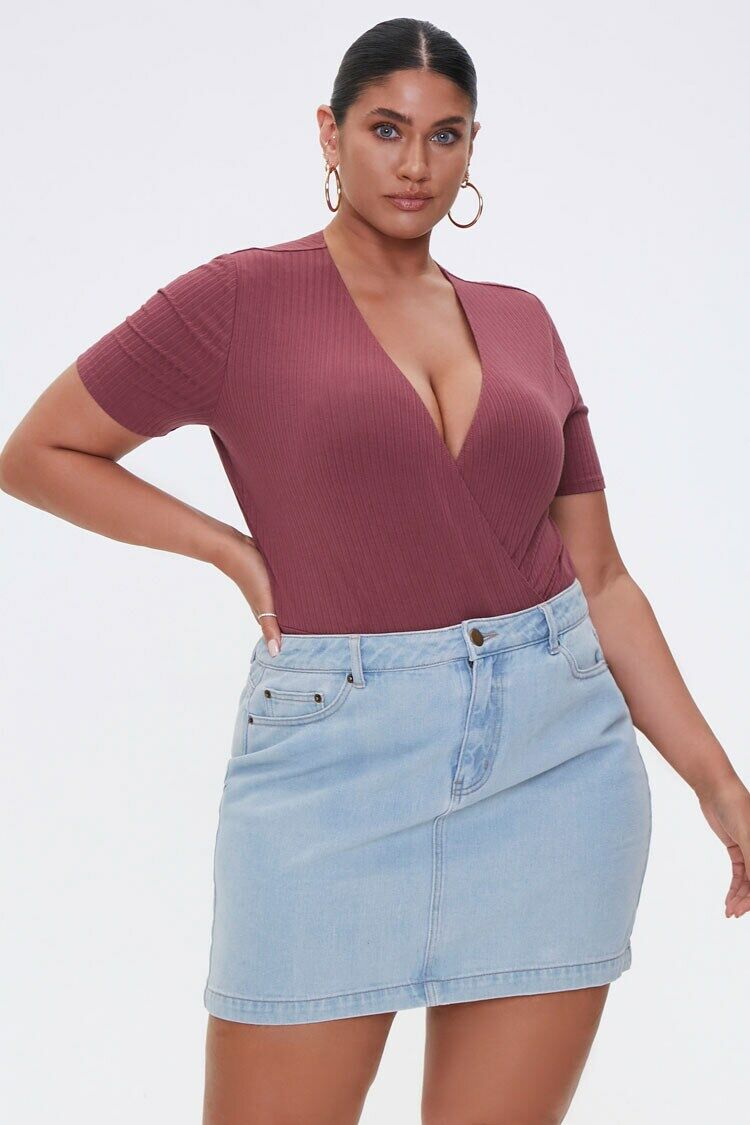 Plus Size Ribbed Surplice Bodysuit