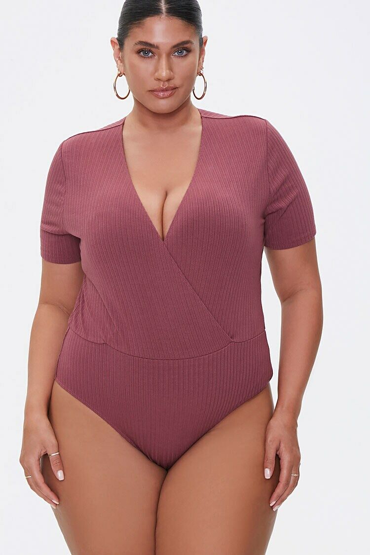 Plus Size Ribbed Surplice Bodysuit