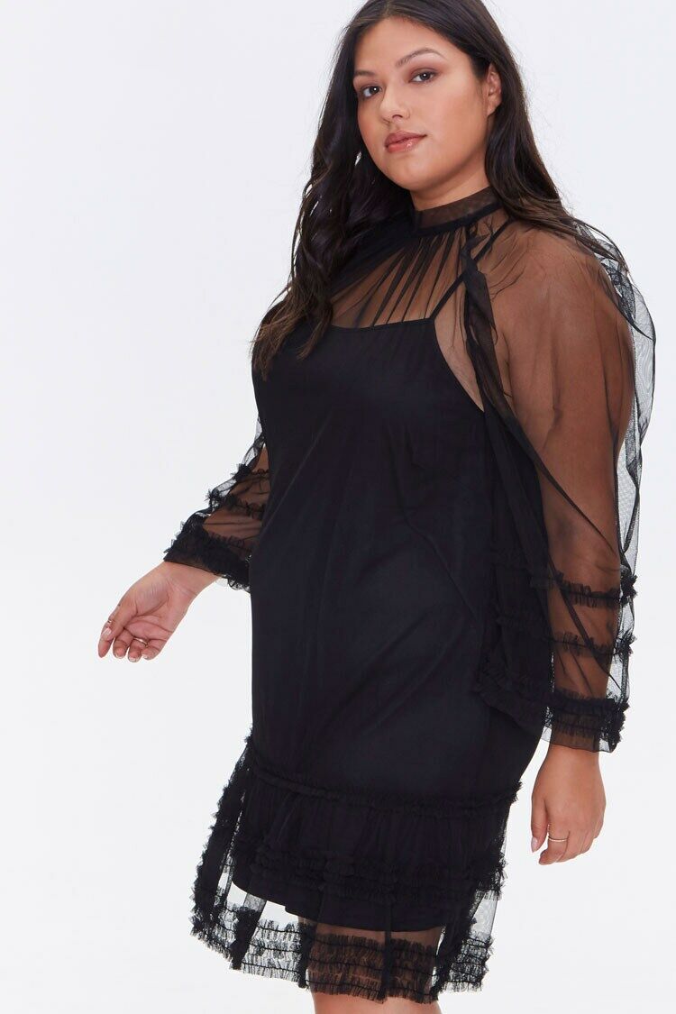 Plus Size Ruffled Mesh Mini Dress